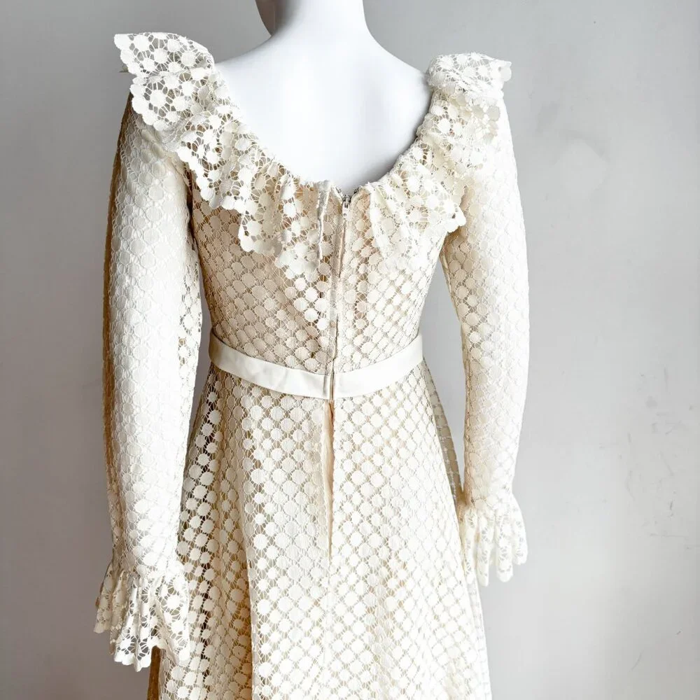 Vintage Jac An Ivory Crochet Long Sleeve A line Maxi Dress Wedding Boho S - Picture 9 of 11